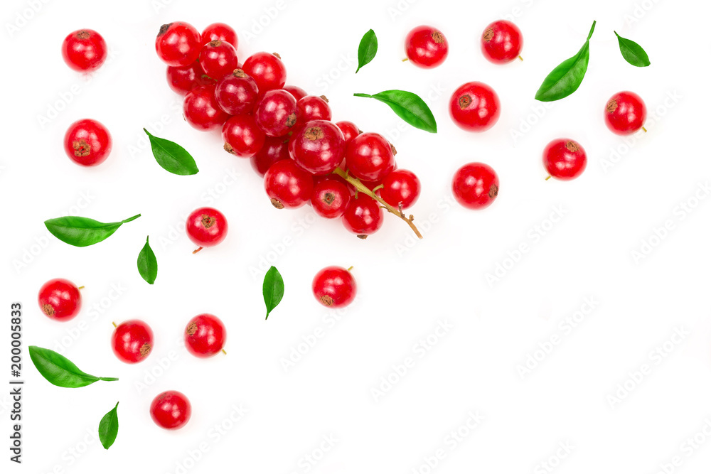 Red currant berries decorated with green leaves isolated on white background Red currant berries decorated with green leaves isolated on white background
