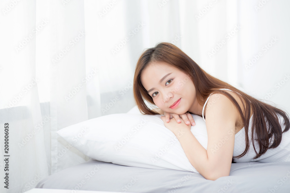 Beautiful asian young woman sleeping lying in bed with head on pillow comfortable and happy, girl with relax for health concept. Beautiful asian young woman sleeping lying in bed with head on pillow comfortable and happy, girl with relax for health concept.