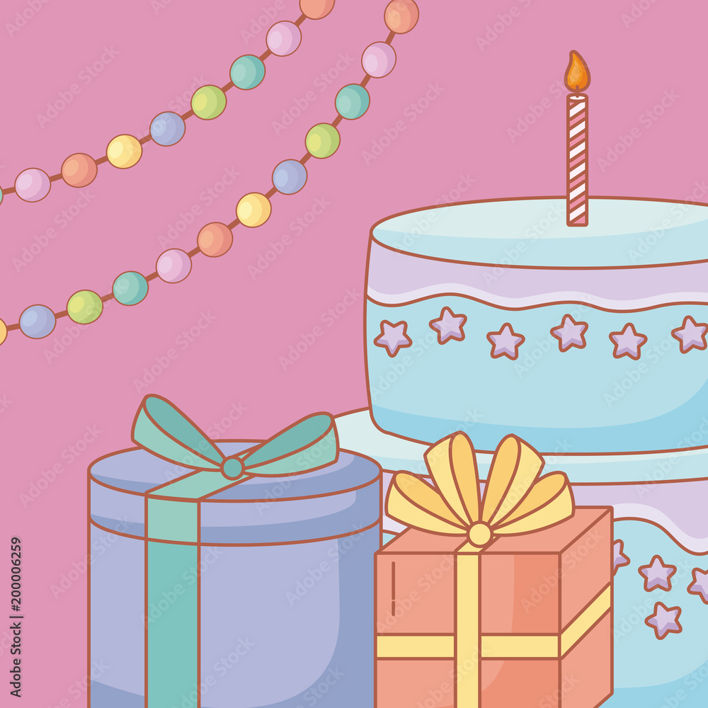 Birthday Cake With Candles And Gift Boxes Over Pink Background Happy Birthday Design Vector Illustration Stock Vector Adobe Stock
