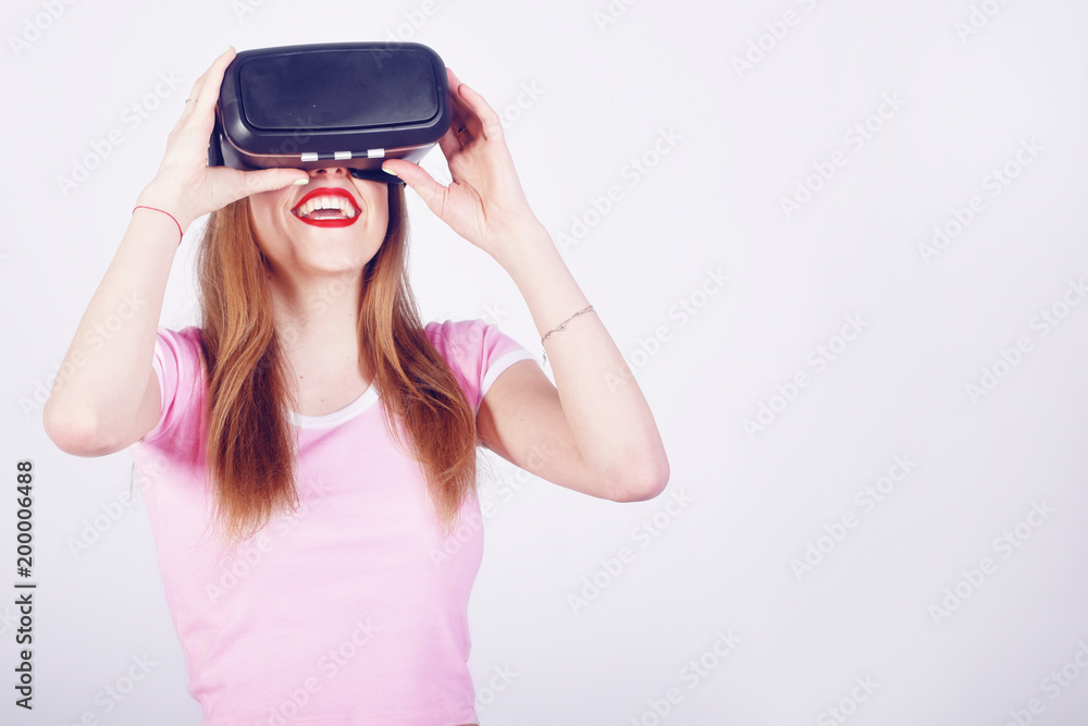 Woman using VR headset. Beautiful girl, VR experience isolated on white. Visual reality concept. Woman getting experience using VR. Future, play. Woman using VR headset. Beautiful girl, VR experience isolated on white. Visual reality concept. Woman getting experience using VR. Future, play.