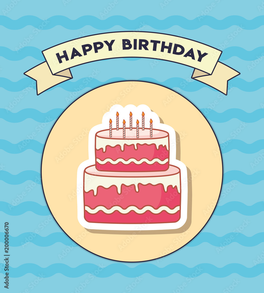 Happy birthday design with birthday cake with candles icon over decorative circular frame and ribbon and blue background, colorful design. vector illustration Happy birthday design with birthday cake with candles icon over decorative circular frame and ribbon and blue background, colorful design. vector illustration