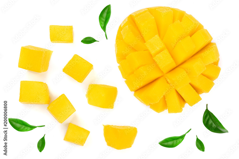 half of Mango fruit decorated with leaves isolated on white background close-up. Top view. Flat lay half of Mango fruit decorated with leaves isolated on white background close-up. Top view. Flat lay