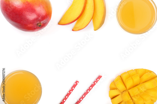 Mango juice and fruit isolated on white background with copy space for your text. Top view. Flat lay