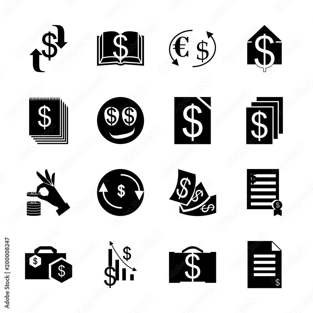 Fototapeta premium icon Currency with blank, money bag, credit, crisis and check