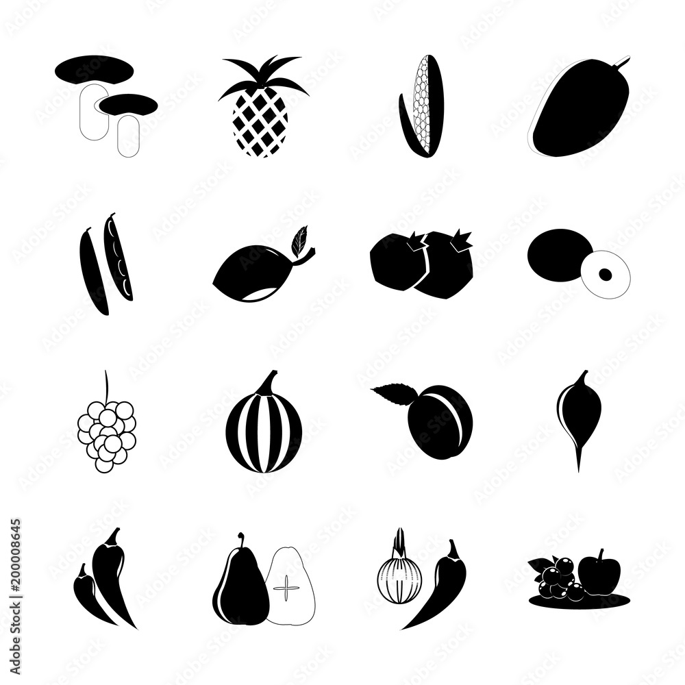 icon Fruits And Vegetables with viand, lemon peace, lemon, vintage and green plum icon Fruits And Vegetables with viand, lemon peace, lemon, vintage and green plum