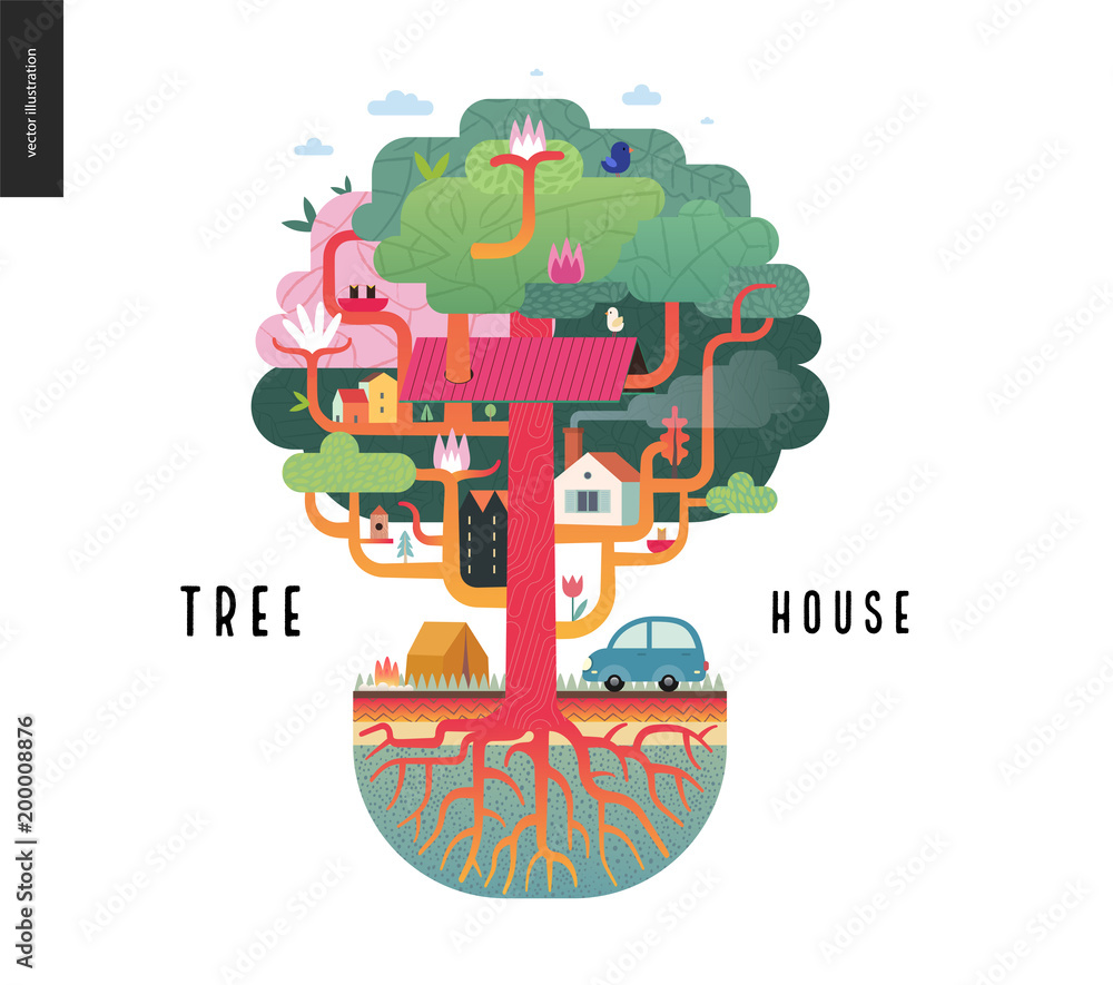 Εκτύπωση καμβά Tree house concept - a tree with houses, birds, nest, flowers and birdhouse on i