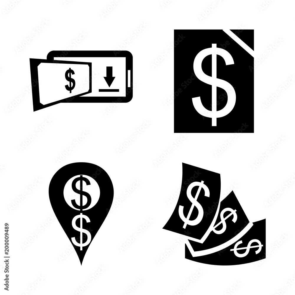 icon Currency with paper money, credit, mobile, place and bank place icon Currency with paper money, credit, mobile, place and bank place