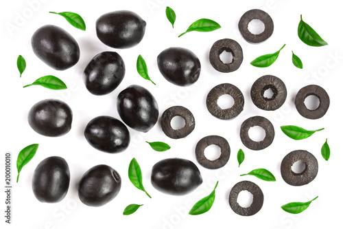 whole and sliced black olives isolated on white background. Top view. Flat lay pattern