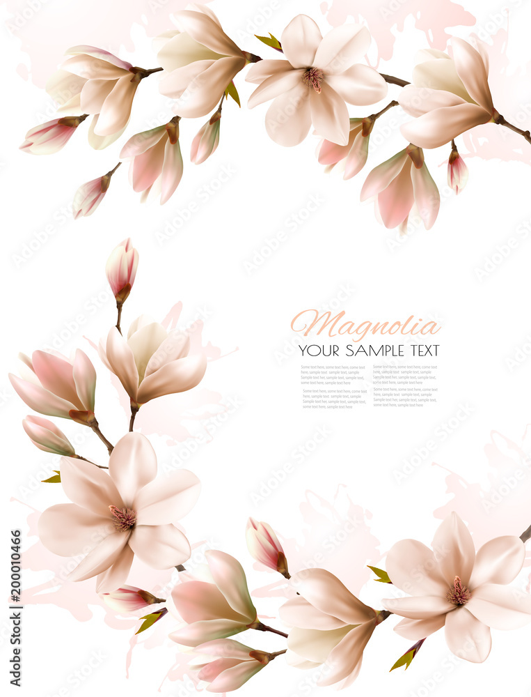 Fototapeta premium Abstrakcyjne tło wiosny z białymi gałęziami magnolii. Wektor.