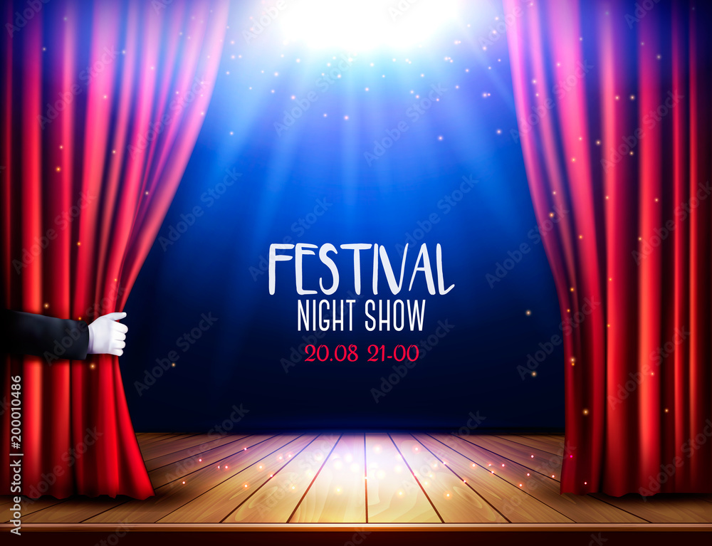Naklejka premium Scena teatralna z czerwoną zasłoną i ręką. Plakat pokazowy nocy festiwalu. Wektor.