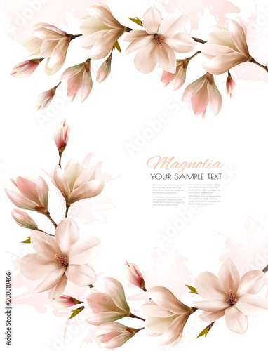 Abstract spring background with white magnolia branches. Vector.