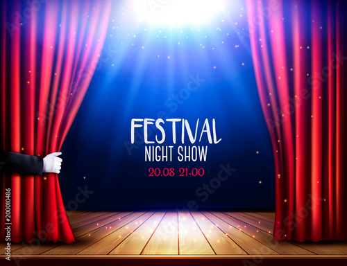 A theater stage with a red curtain and hand. Festival night show poster. Vector.