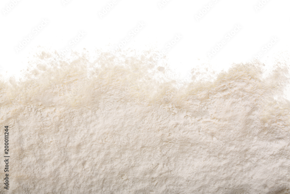 Pile of flour isolated on white background. Top view. Flat lay Pile of flour isolated on white background. Top view. Flat lay