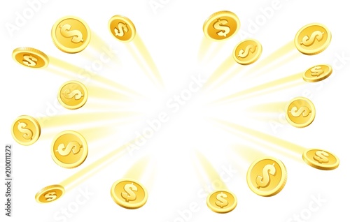 Coins explosion. Gambling gold rain, dollar coins heap money explosion for casino abundance concept vector illustration