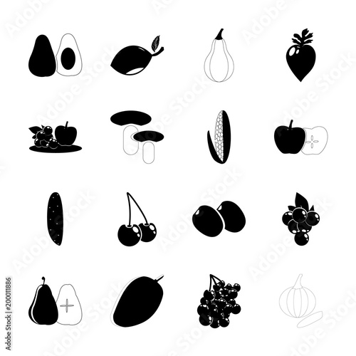 icon Fruits And Vegetables with jelly apple, sweet, popcorn, calabash and lemon tree