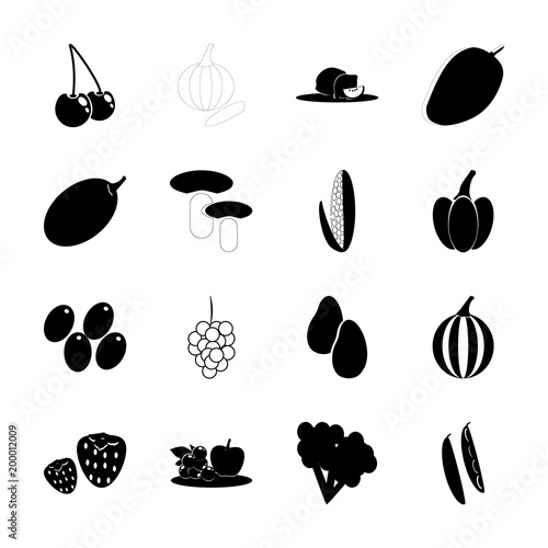 icon Fruits And Vegetables with olive berry, beans, forest, mango tree and mushrooms