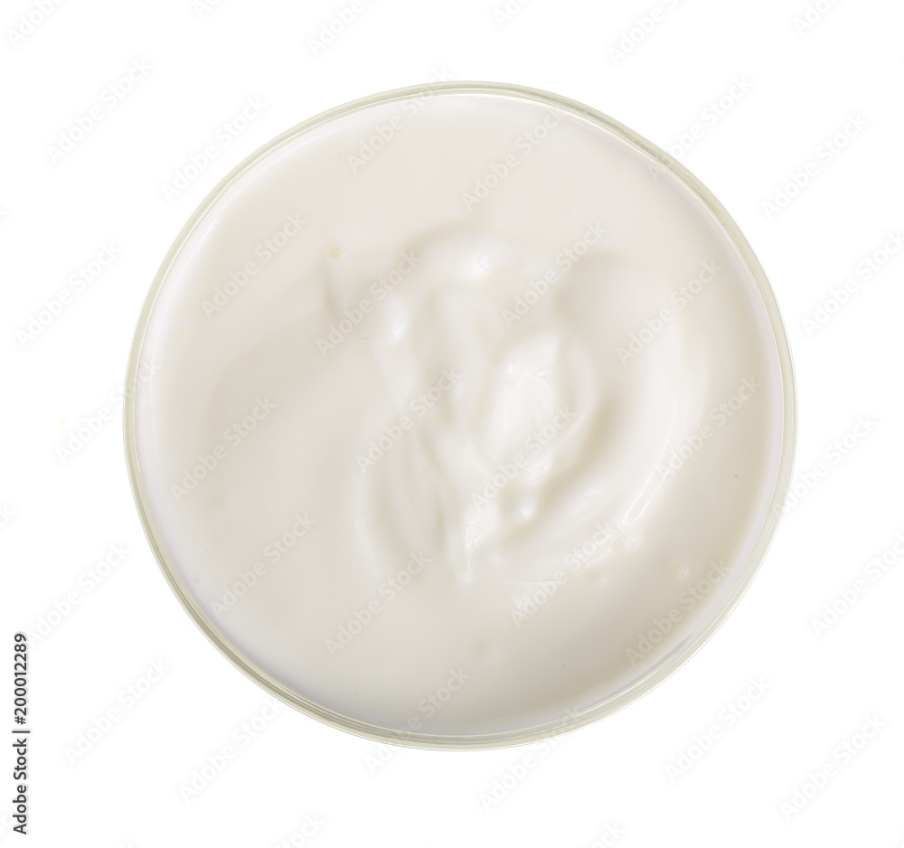 Bowl of yogurt isolated on white background top view Bowl of yogurt isolated on white background top view
