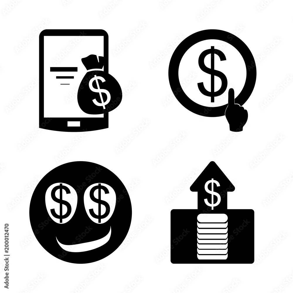 icon Currency with telephone, payment, mail, pile with coins and cash icon Currency with telephone, payment, mail, pile with coins and cash