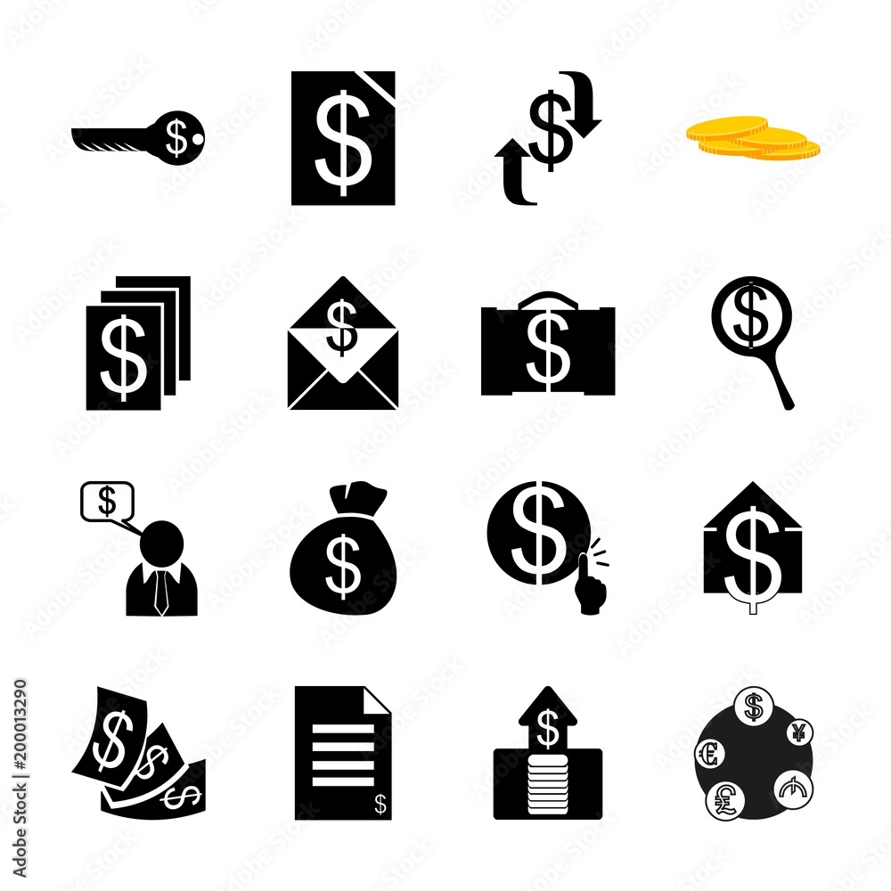 icon Currency with coins money, paper money, business, cashier and stock