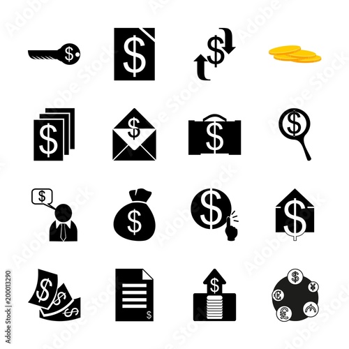 icon Currency with coins money, paper money, business, cashier and stock