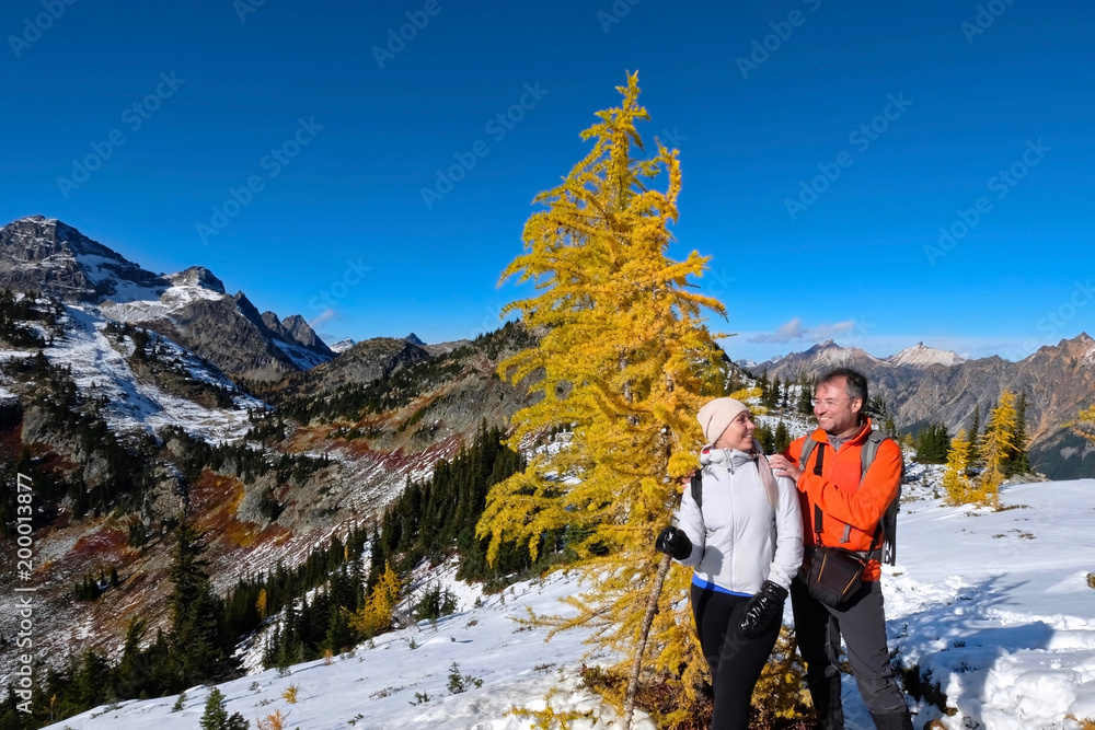 Happy young family on vacation travelling in Mount Rainier National Park. Cascade Mountains. Seattle. Washington. United States.