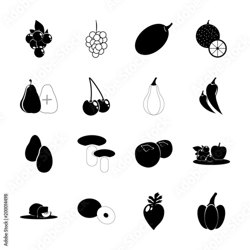 icon Fruits And Vegetables with apricot, pear, coco palm, pumpkin and black cherry