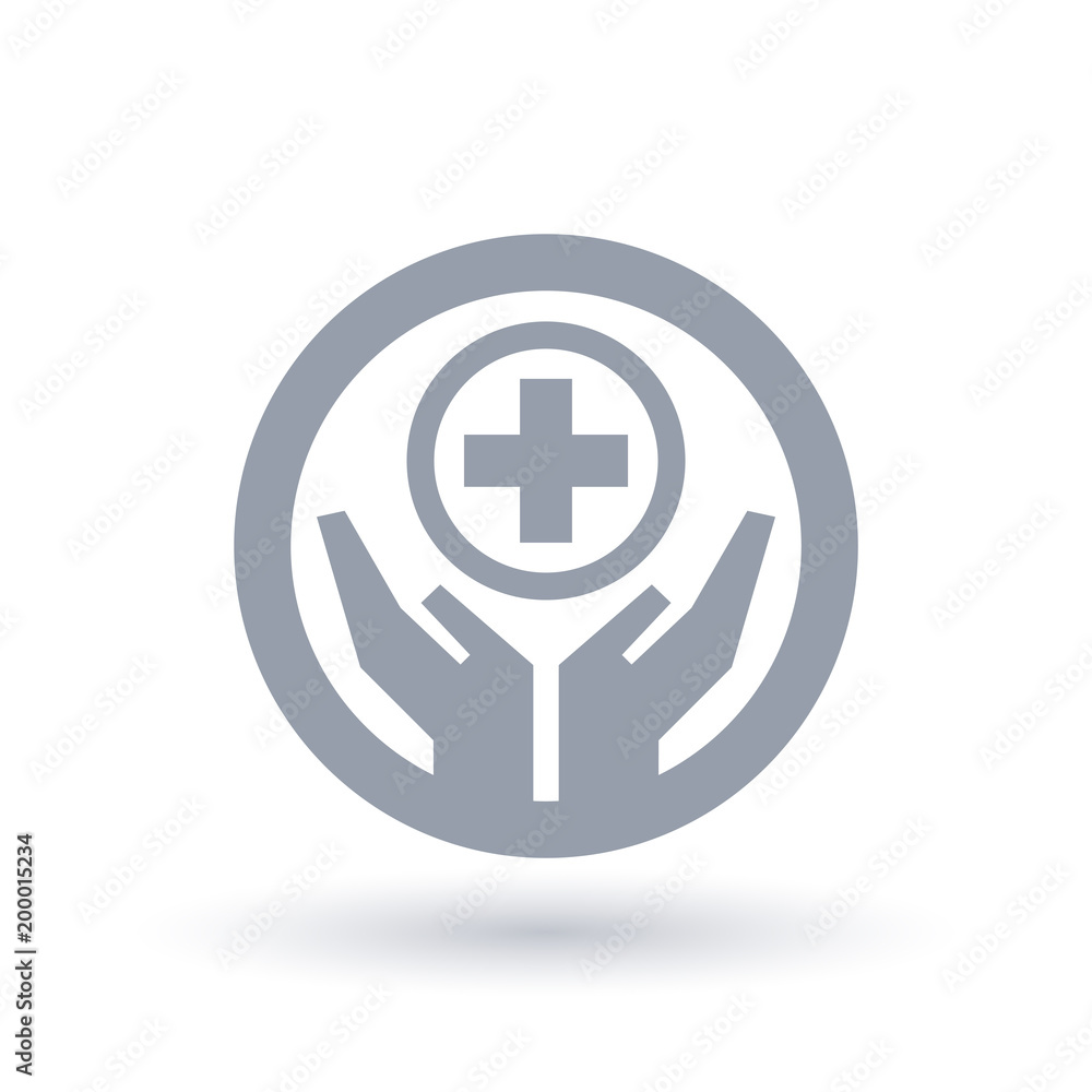Hands with medical aid cross icon in circle outline. Healthcare symbol. Hospital sign. Vector illustration. Hands with medical aid cross icon in circle outline. Healthcare symbol. Hospital sign. Vector illustration.