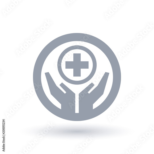 Hands with medical aid cross icon in circle outline. Healthcare symbol. Hospital sign. Vector illustration.