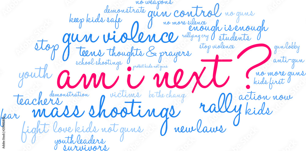 Am I Next Gun Violence word cloud on a white background. 