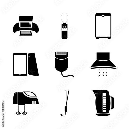 icon Electronic with dishwasher, hair dryer, mixing, tea kettle and female