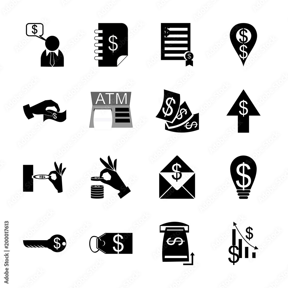 Obraz premium icon Currency with atm machine, business, growing up, bank and banknote