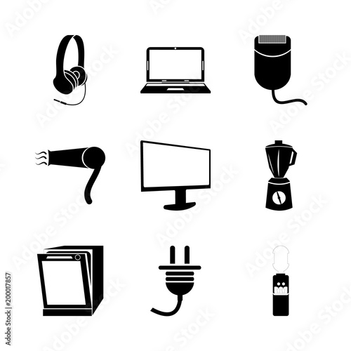 icon Electronic with dj, dishware, laptop, hair dryer and clean
