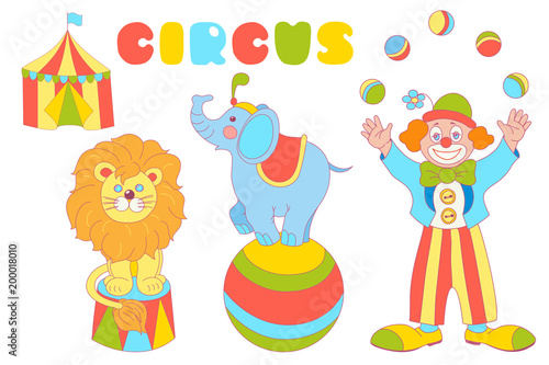 Circus characters clown, elephant, lion vector set