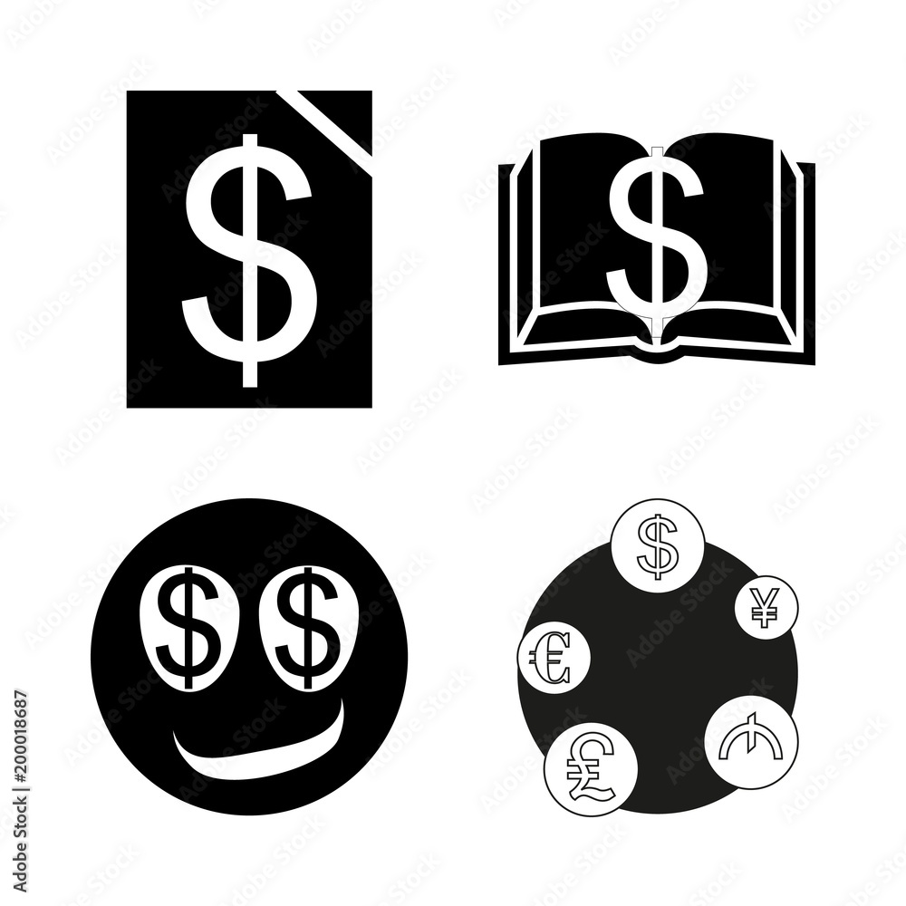 icon Currency with currency symbols, bank, deposit, dollar smiley and exchange icon Currency with currency symbols, bank, deposit, dollar smiley and exchange