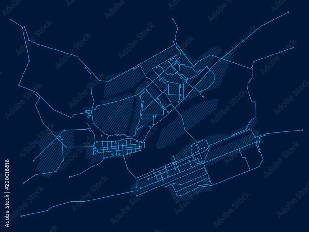 Digital city. Plan of the city in the form of an electronic scheme. Stylized linear drawing. Blue. Vector graphics Digital city. Plan of the city in the form of an electronic scheme. Stylized linear drawing. Blue. Vector graphics