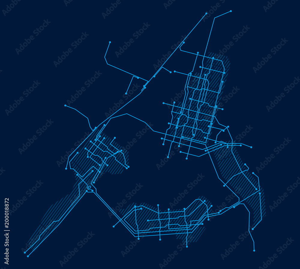 Digital city. Plan of the city in the form of an electronic scheme. Stylized linear drawing. Blue. Vector graphics Digital city. Plan of the city in the form of an electronic scheme. Stylized linear drawing. Blue. Vector graphics