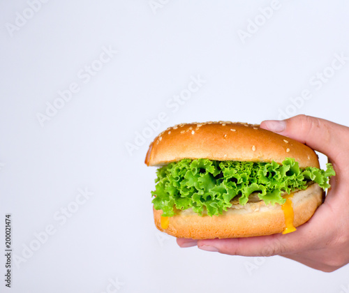 Hamburger on hands on white background,Hamburgers focus on healthy vegetables