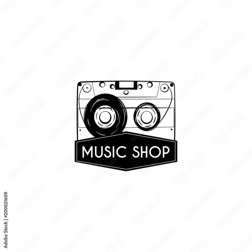 Audio cassette icon. Tape. Music shop logo emblem label. Reteo music badge. Vector. Audio cassette icon. Tape. Music shop logo emblem label. Reteo music badge. Vector.