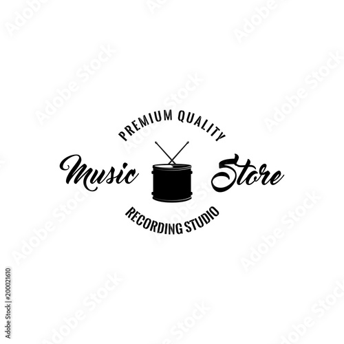 Drum icon. Music stire logo label. Premium quality inscription. Musical instrument. Vector.
