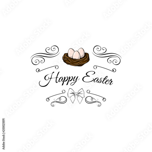 Easter birds nest. Decorated eggs. Swirls, scroll filigree elements. Bow. Vector.