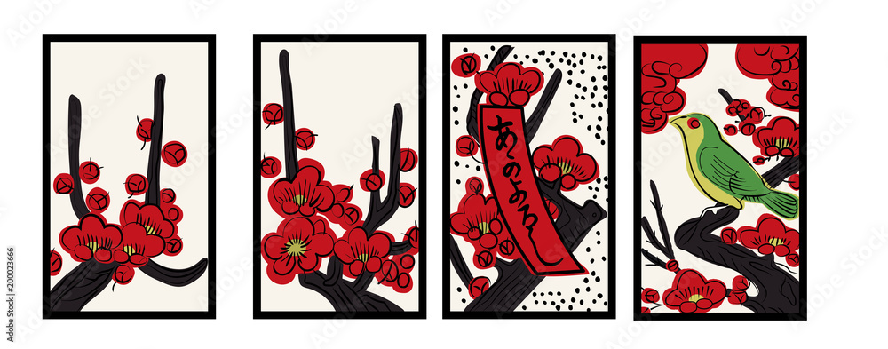 花札のイラスト 2月梅 梅に鶯 日本のカードゲーム ベクターデータ 手描き フリーハンド Vector De Stock Adobe Stock