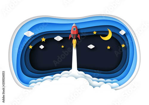Rocket ship launch flying on blue abstract 3d hole paper layers with clouds,stars and moon.Paper art of business start up concept creative idea concept.Vector illustration.