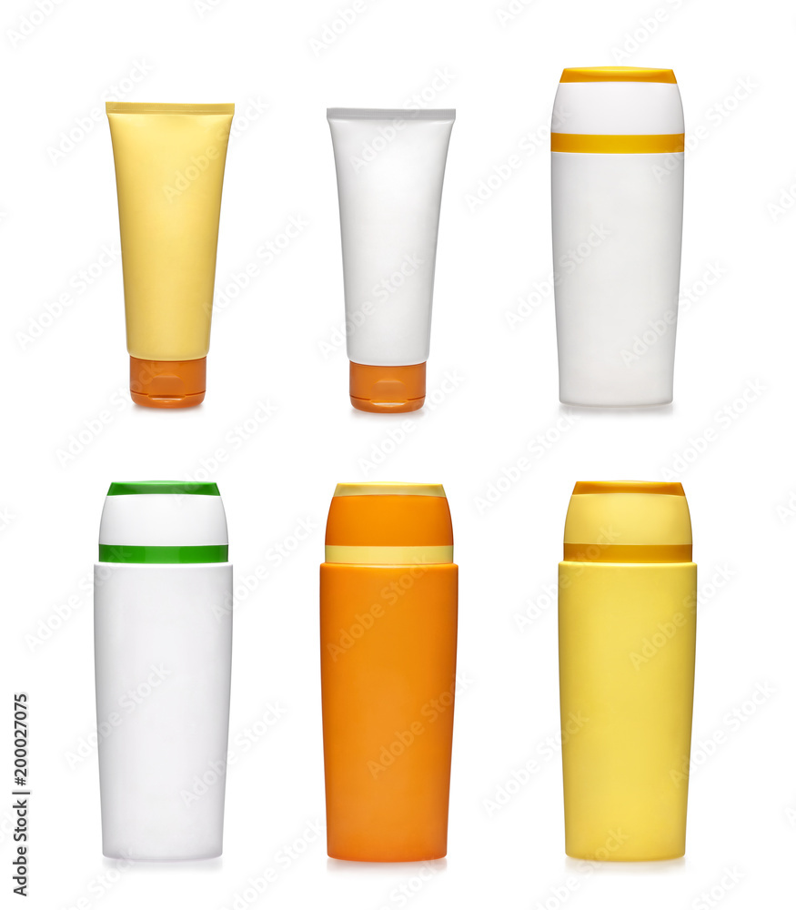 Generic plastic bottles of sunscreen creams isolated on white background Generic plastic bottles of sunscreen creams isolated on white background