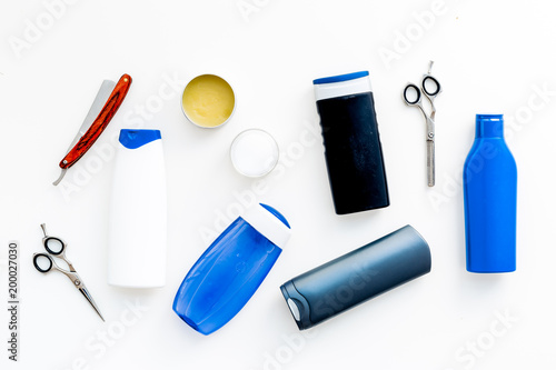 Men's bathroom set. Cosmetics for bath, tools for brushing and grooming on white background top view