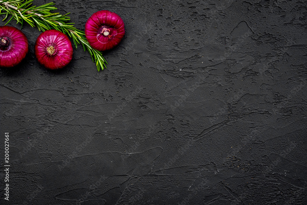 Red onion for salads on black background top view copy space Red onion for salads on black background top view copy space