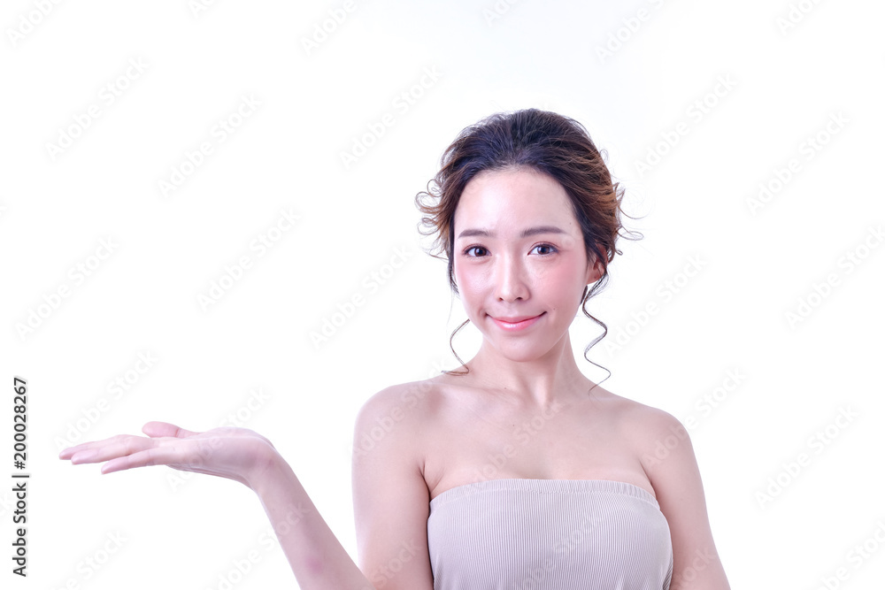The concept of healthy beautiful woman. Beautiful women keep healthy. Beautiful women are present. Beautiful woman pointing fingers on white background. The concept of healthy beautiful woman. Beautiful women keep healthy. Beautiful women are present. Beautiful woman pointing fingers on white background.