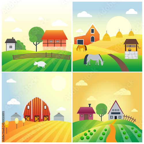 Fototapeta Naklejka Na Ścianę i Meble -  Farm agriculture banner rural landscape products old barn and field cartoon vector illustration.