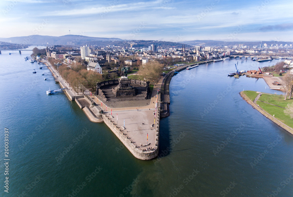 Koblenz City Germany historic monument German Corner where the rivers rhine and mosele flow together on a sunny day