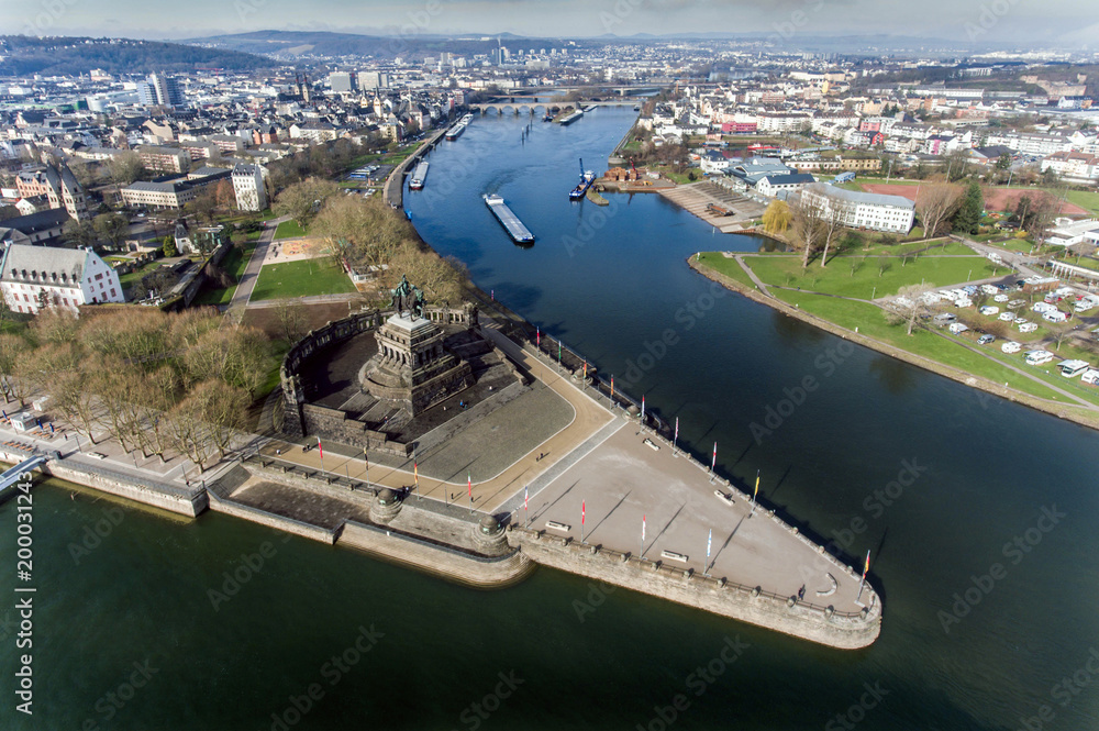 Koblenz City Germany historic monument German Corner where the rivers rhine and mosele flow together on a sunny day
