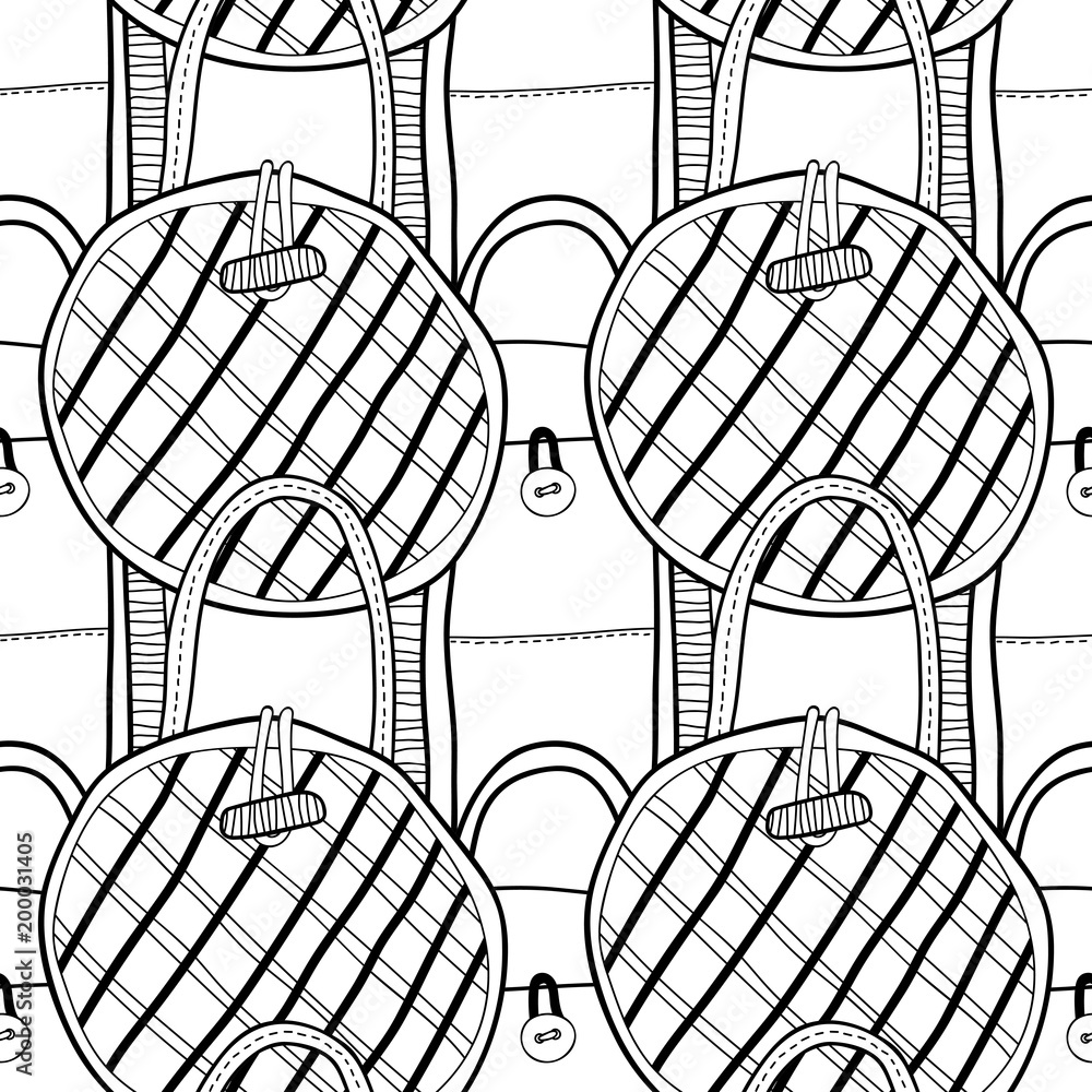 Fashionable handbags. Black and white seamless pattern of bags for coloring book. Fashionable handbags. Black and white seamless pattern of bags for coloring book.